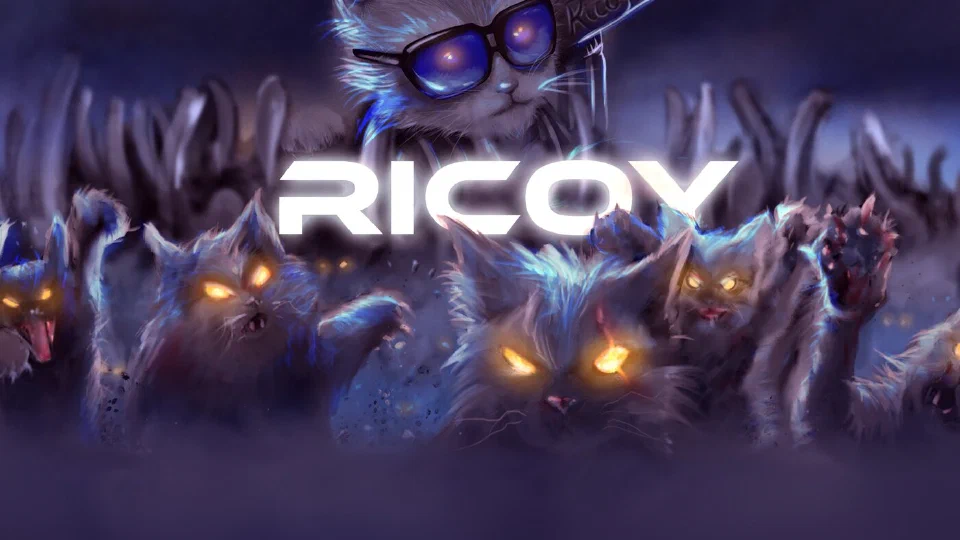 El gato de Ricoy con gafas liderando una multitud de gatos de ojos brillantes bajo el nombre RICOY