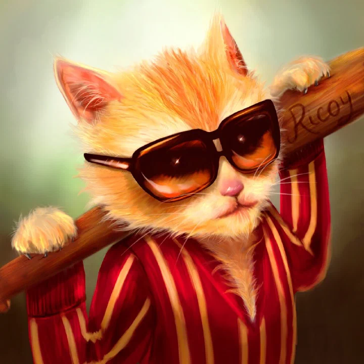 El gato de Ricoy con gafas de sol, chaqueta de rayas y un bate con su nombre